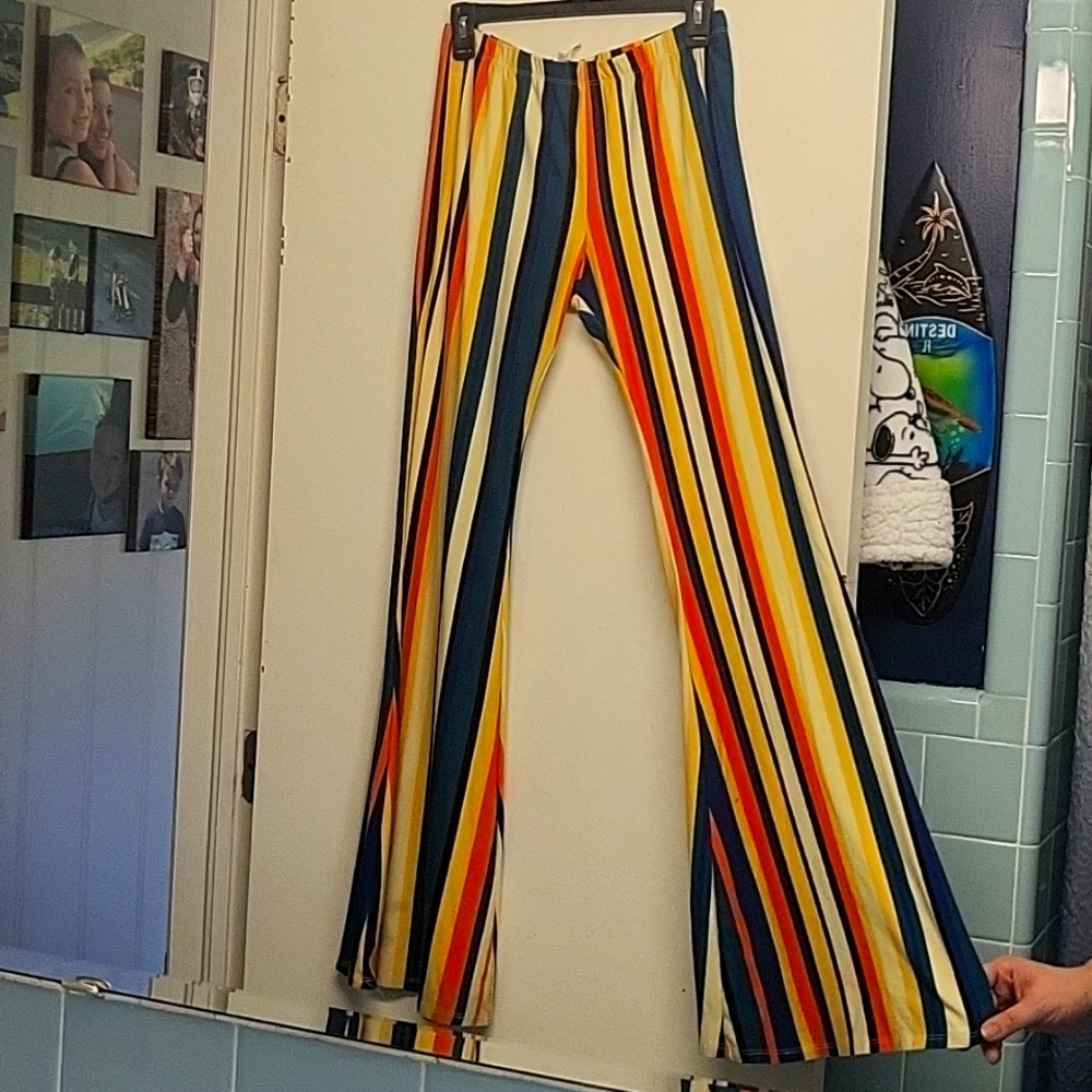 Striped size large bootcut wide hippie wide leg pants with blue green and yellow